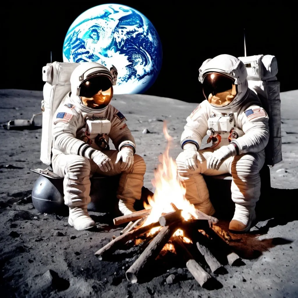 Prompt: Two astronauts sitting around a campfire on the moon, with the earth in the background.