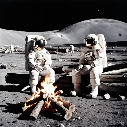 Prompt: Two astronauts sitting on logs around a campfire on the moon, with the earth in the background.