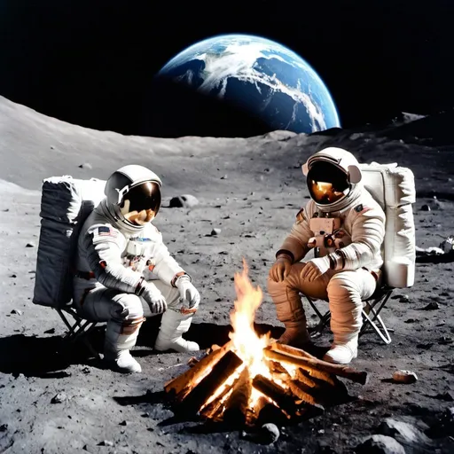 Prompt: Two astronauts sitting around a campfire on the moon, with the earth in the background.