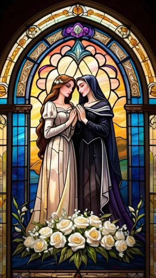 Prompt: a stained glass window, decorated with white flowers, over a funeral, which belongs to a king, two women crying, in front of the coffin, disney style