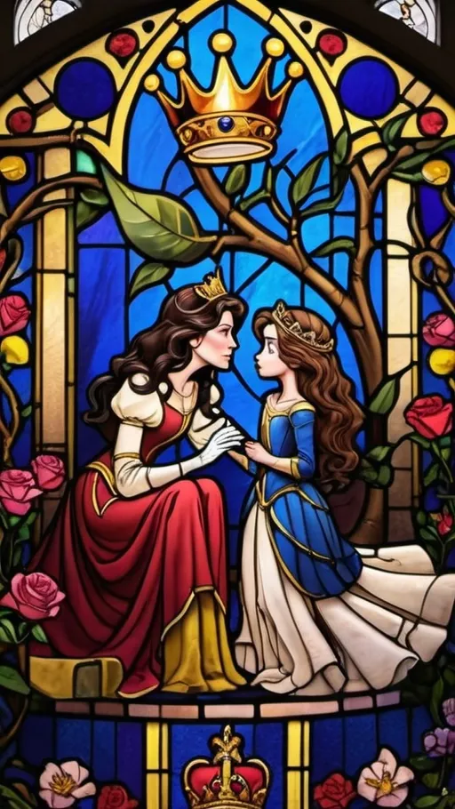 Prompt: a stained glass window, adorned with flowers and thorns, which represent a bit of betrayal, that tells the story of a mother (the queen, with dark, curly hair, chosen, with a gold crown) taking the face of her daughter, who He has a confused expression, Disney style.
