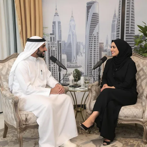 Prompt: Arab gulf guy moderating a podcast with the best investor in town and she wears a black short abaya that reaches her knee crossing legs 
