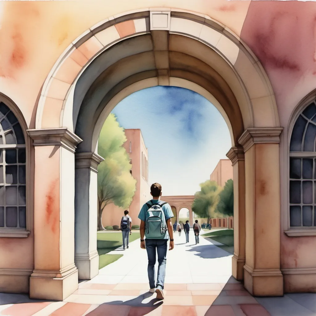 Prompt: A soft pastel water-color of a person about to leave College Campus.  They are facing away, walking toward an archway that has the latin phrase "futurum est nostrum".