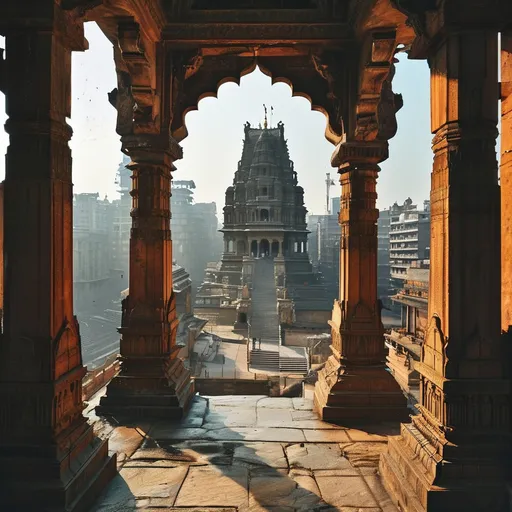 Prompt: Ne Noir feel -show  an ancient temple from wide shot in modern city of Delhi, Goddess Kali Temple