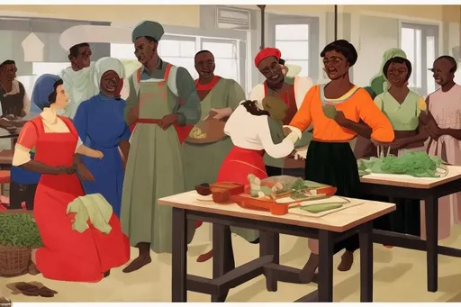 Prompt: In socialist realism style, a multicultural group of humans happily showing each other how to cook, sew, build, use a computer, can vegetables 