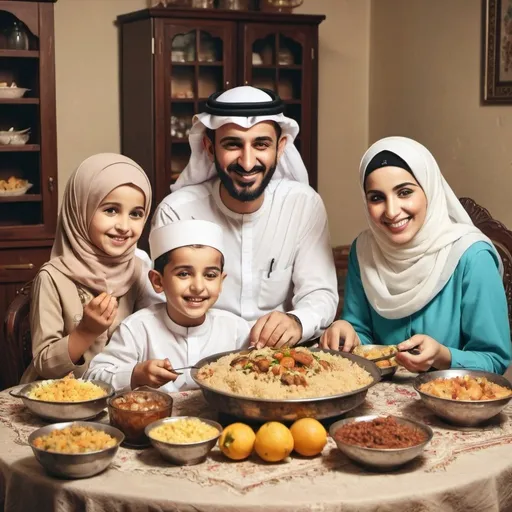 Prompt: A happy Arabic family sitting on a table eating food vintage style 
