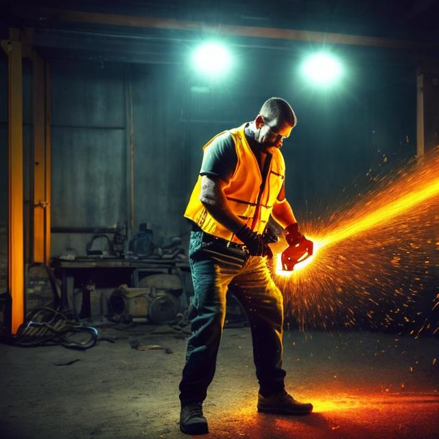 Prompt: On a transparent background a 35 year old mechanic is juggling chainsaws.  The mechanic is wearing a yellow safety vest