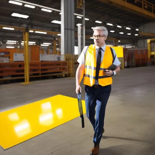 Prompt: A man dressed in business casual attire and wearing a yellow safety vest is walking through a brightly lit industrial space with a clipboard.