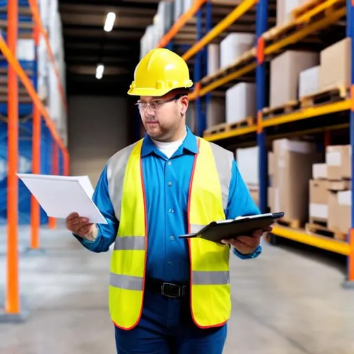 Prompt: A supervisor is conducting a safety inspection in a warehouse.  He has a clipboard and PPE.