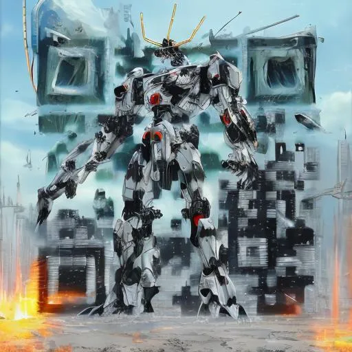 Prompt: masterpiece, best quality, mecha, no humans, black armor, blue eyes, science fiction, fire, laser canon beam, war, conflict, destroyed city background