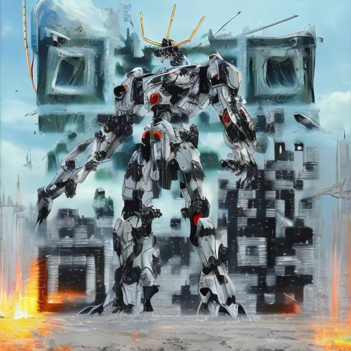 Prompt: masterpiece, best quality, mecha, no humans, black armor, blue eyes, science fiction, fire, laser canon beam, war, conflict, destroyed city background