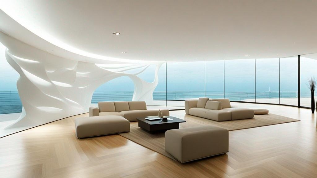 Prompt: art gallery with concept of wind and water interior design