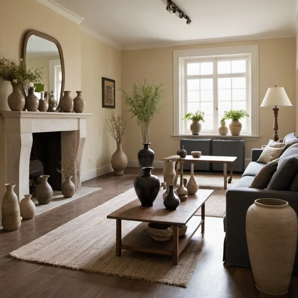 Prompt: a living room with different styles of vases on tables or floor
