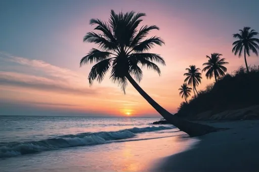 Prompt: Landscape picture of a silhouette palm tree on the left of the image. A shore with gentle tides on the right and a sunset blue gradient as the sky. There are clouds on top of the shore.