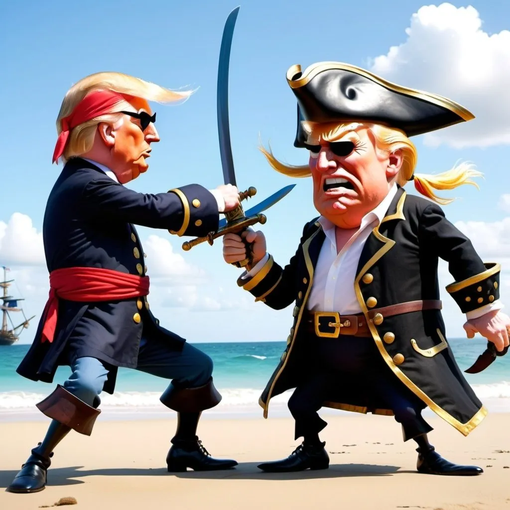 Prompt: Donald trump sword fighting a pirate in the style of pixar