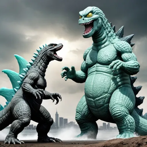 Prompt: Godzilla fighting kaiju Squidward