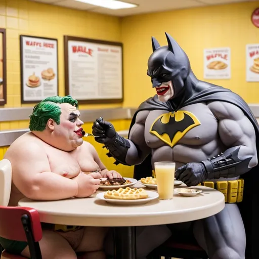 Prompt: Fat batman with no shirt with drool coming out of his mouth eating dinner with fat Joker at waffle house, claymation