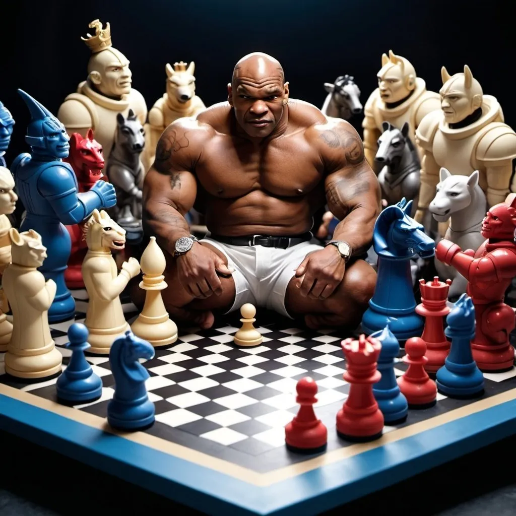 Prompt: Claymation scene of Mike Tyson becoming a chess grand master by beating Optimus prime in a chess game on the moon surrounded by giant space vessels full of crowds watching