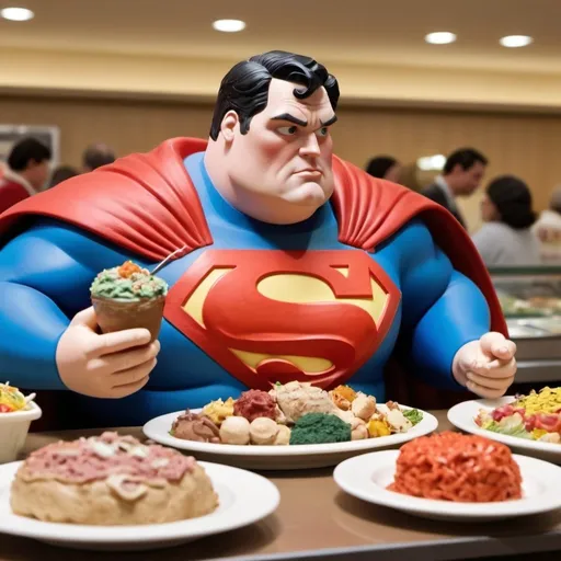 Prompt: Fat superman eating at an all you can eat buffet claymation