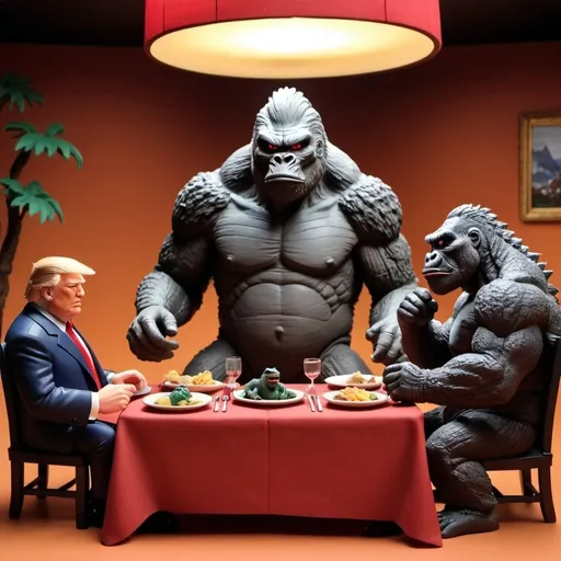 Prompt: claymation scene, Donald Trump having dinner with Godzilla and King Kong, made of clay, high quality animated claymation movie