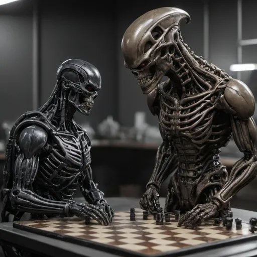 Prompt: Terminator vs Xenomorph in checkers