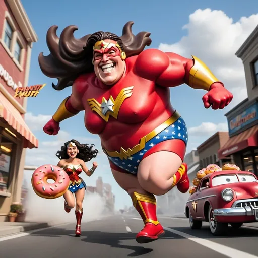 Prompt: Fat the flash running towards a donut shop at the speed of light with a big smile on his face with fat wonder woman flying her jet behind him. The city they are in is exploding but they just want donuts. Claymation