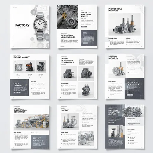 Prompt: "Design a modern, 13-page digital product catalog for a factory, each page dedicated to one unique industrial product. Each page should feature: a large product photo, clean layout, minimalistic background, clear product title, short technical description, and subtle factory-themed graphic elements (like gears, steel textures, or blueprint lines). The overall design should be sleek, professional, and consistent across all pages, with a muted color palette (greys, blues, whites). Include a cover page with the factory name and a closing page with contact details and branding."