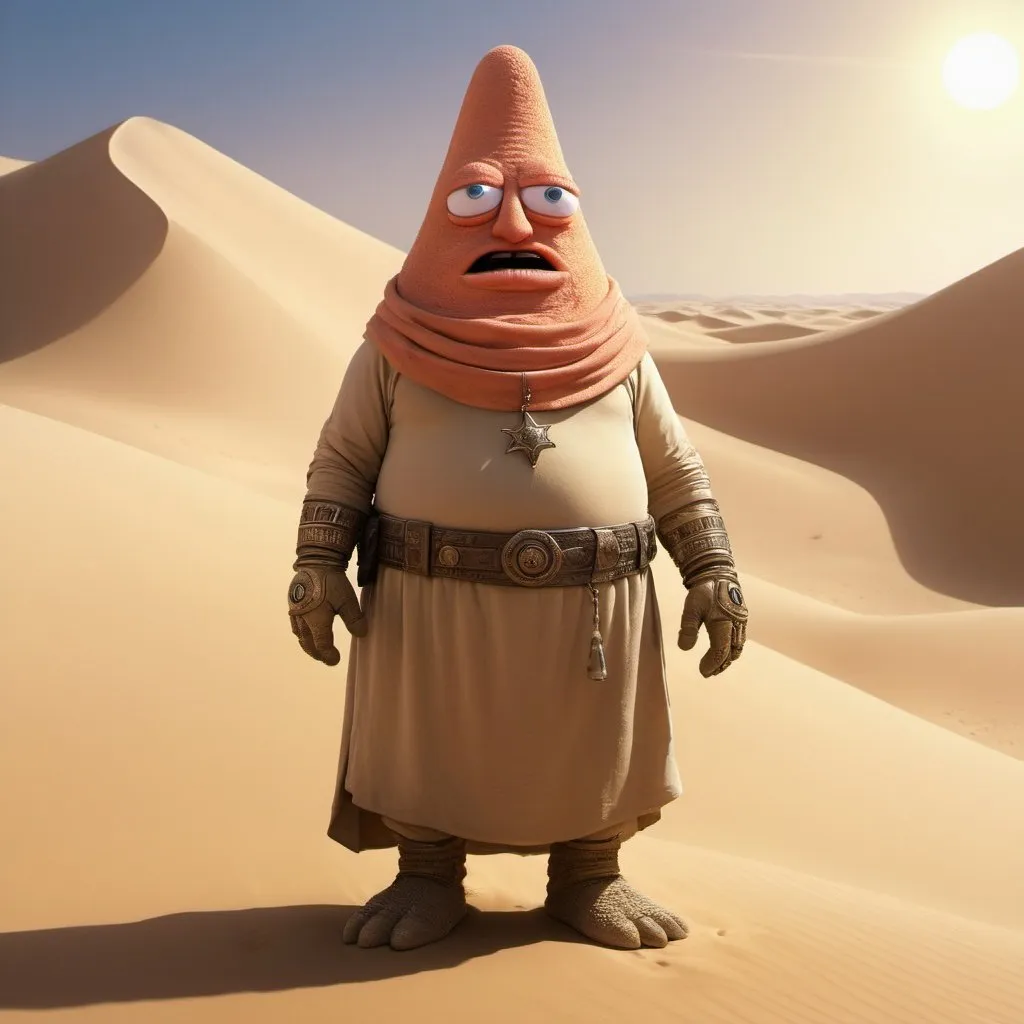 Prompt: Patrick Star, from SpongeBob, but as Lisan Al-gaib in the Dune universe, digital art, detailed desert landscape, high quality, realistic, sci-fi fantasy, sandy tones, intense sunlight, traditional clothing, expressive eyes, alien creature design, desert environment