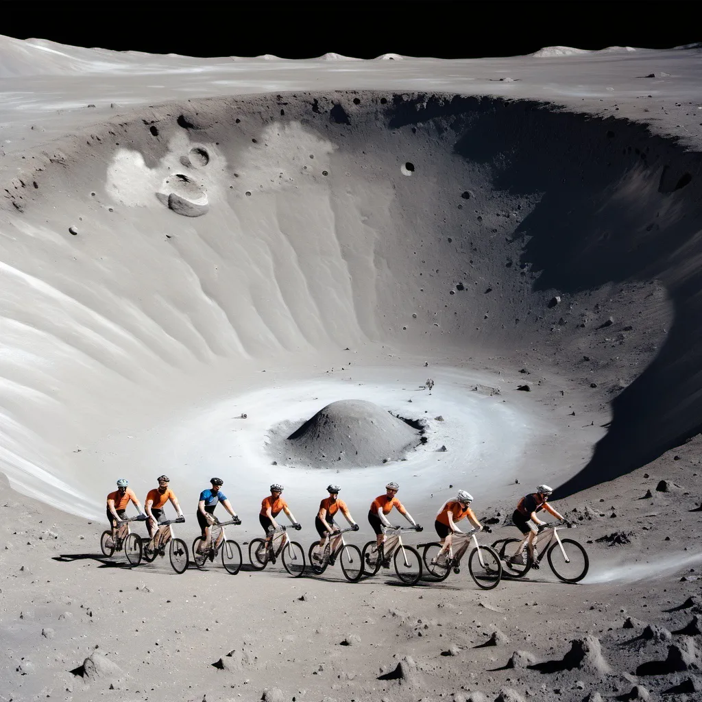 Prompt: A group of cyclists in a crater on the moon