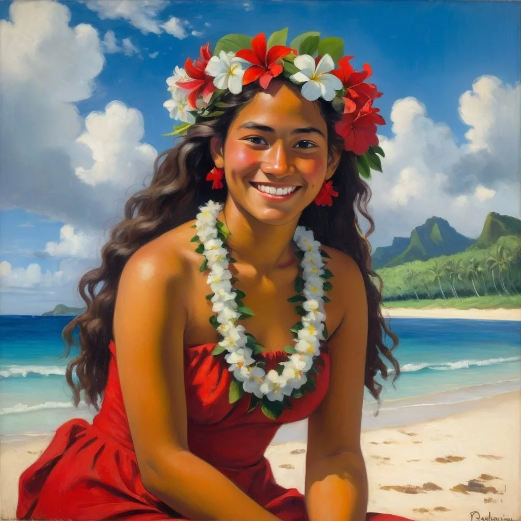 a painting of a young tahitian woman with flowers in...