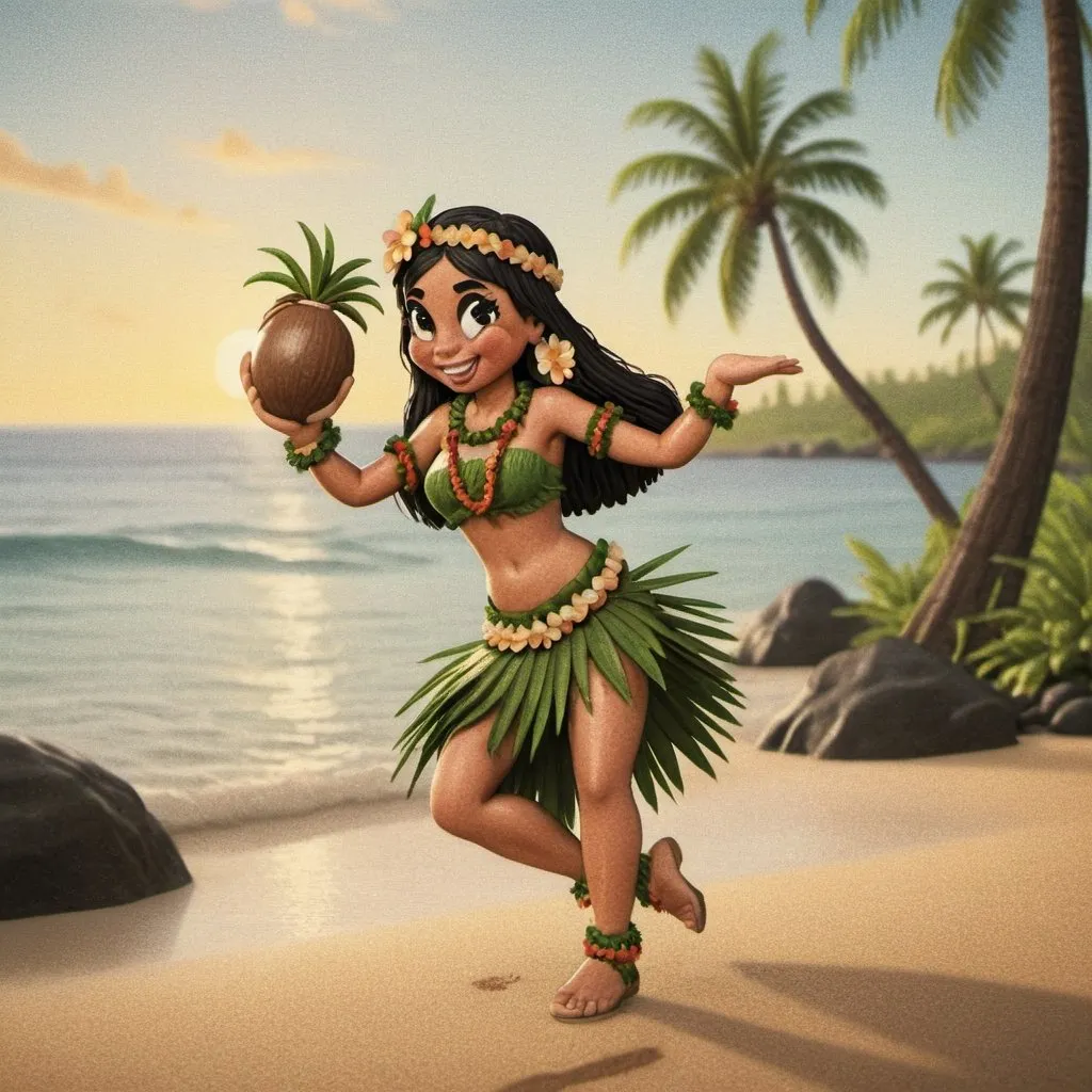 Prompt: Hawaiian traditional femal hula dancer dances on the beach with coconut tree, sea and sunset as background