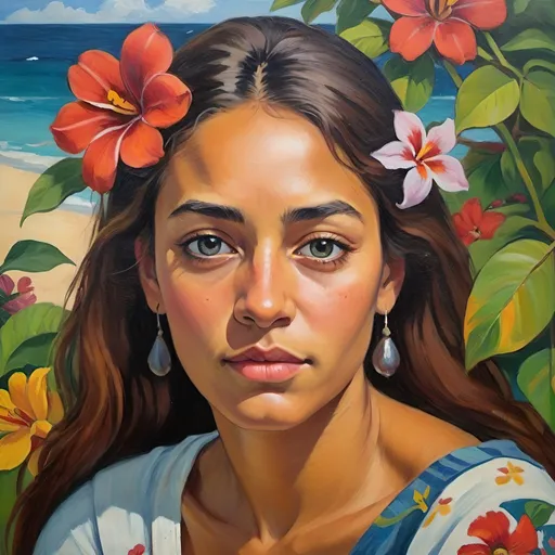 Prompt: Portrait, Gauguin style, in acrylic, South Sea young woman, flowers, romance, beautiful eyes, beautiful facial expression