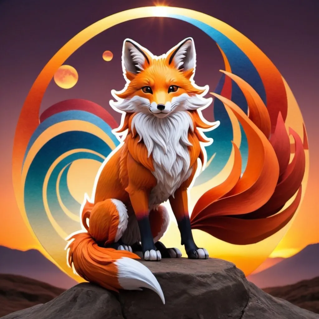 Prompt: multi color nine tails fox with sun set background