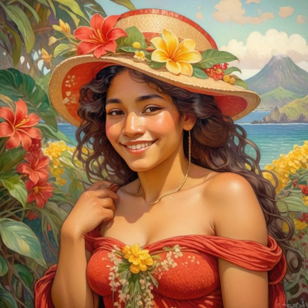 Prompt: An oil painting of a Tahitian youg woman, smile and lips closed, red long dress, small hut with flowers and leafs, in the pointillism style of Claude Monet, with soft pastel colors, yellow flowers, tropical fruits, house, sea, volcano in the background