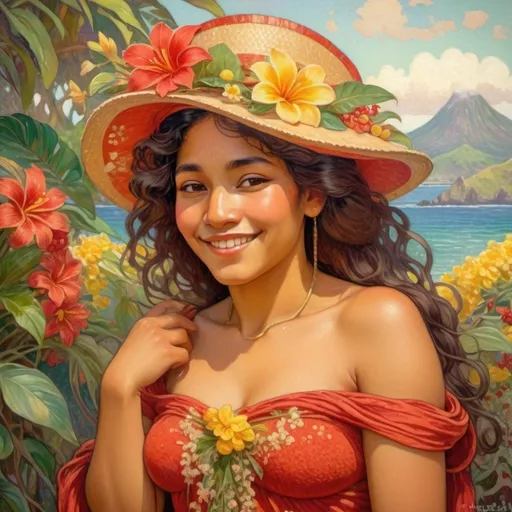 Prompt: An oil painting of a Tahitian youg woman, smile and lips closed, red long dress, small hut with flowers and leafs, in the pointillism style of Claude Monet, with soft pastel colors, yellow flowers, tropical fruits, house, sea, volcano in the background