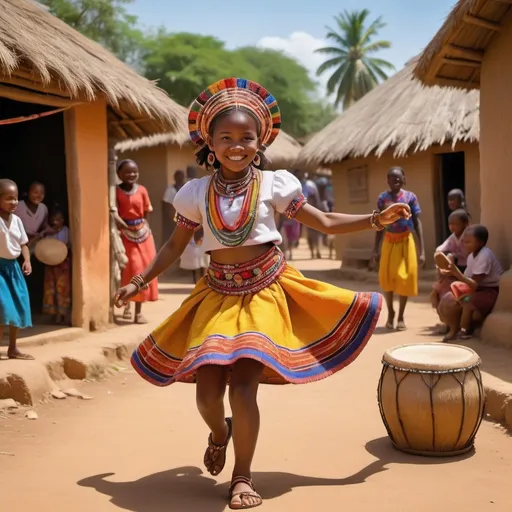 Prompt: (Adama), young girl in traditional (colorful attire), adorned with intricate (beaded jewelry), kicking off her (sandals) in a vibrant village setting, lively atmosphere, (thatched-roof huts) in the background, friends dancing joyfully, energetic scene with (traditional drums), bright and lively colors, warm sunlight illuminating the scene, (highly detailed) and (immersive), capturing the essence of community and celebration.