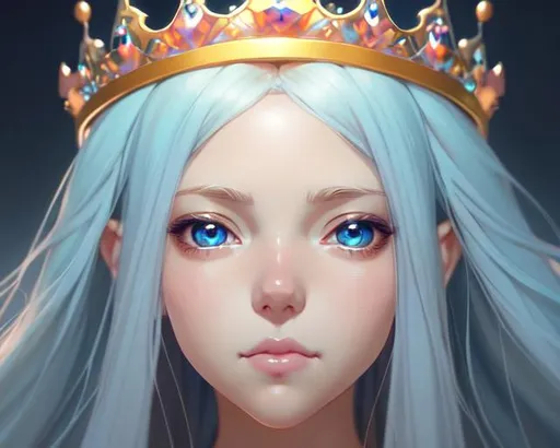 Prompt: Closeup face portrait of a princess wearing crown, smooth soft skin, big dreamy eyes, beautiful intricate colored hair, symmetrical, anime wide eyes, soft lighting, detailed face, by makoto shinkai, stanley artgerm lau, wlop, rossdraws, concept art, digital painting, looking into camera