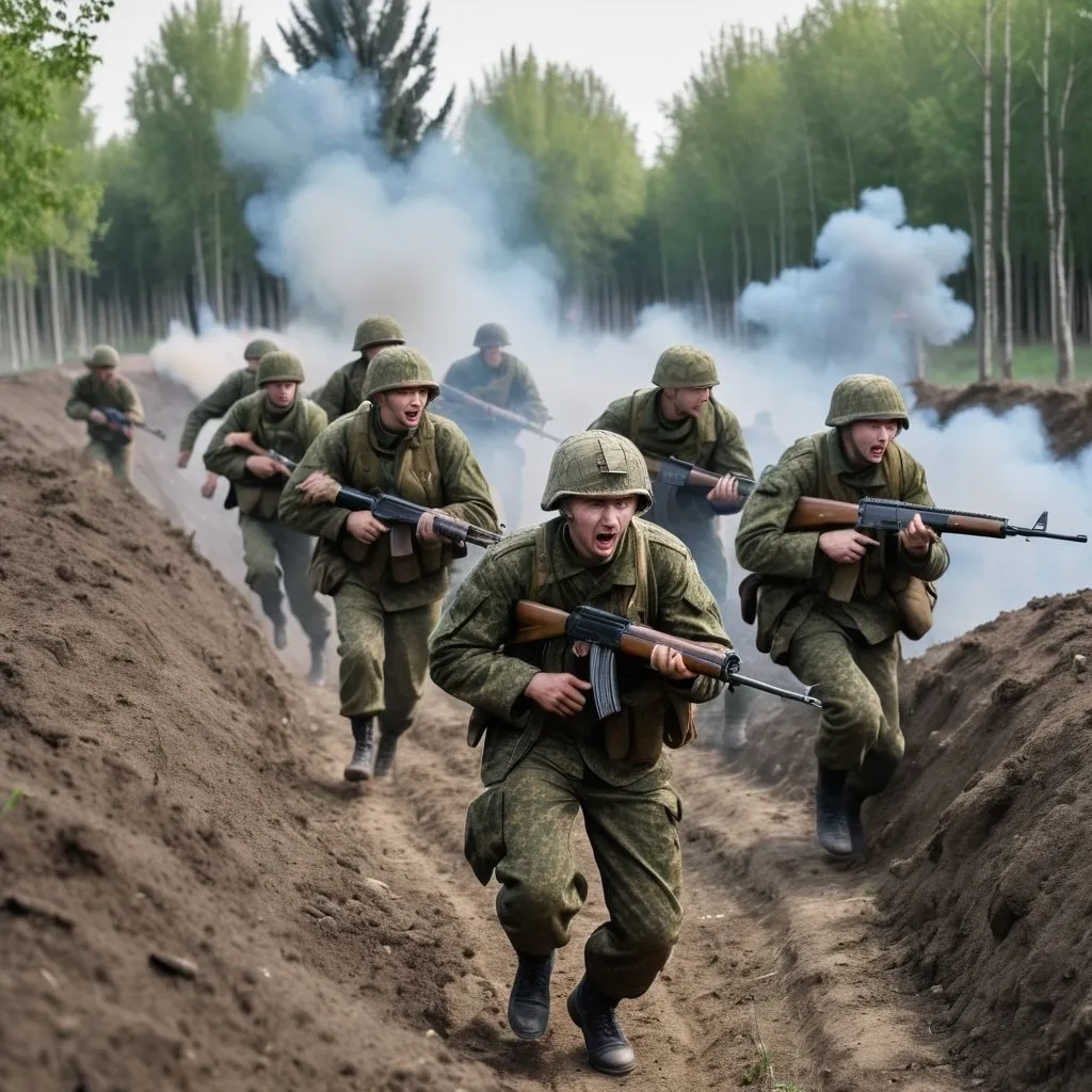 Prompt: ukrainian soldiers fighting off russian troops during the war in ukraine in a large field dugout with trenches and forest areas in ultra high definition photo quality