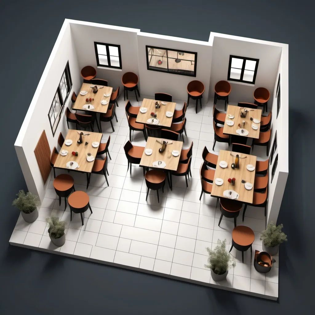 Prompt: a floor plan of a restaurant with seating and a kitchen area with a dining table and chairs and a bar, Enguerrand Quarton, quito school, isometric view, a digital rendering