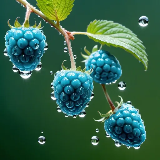 Prompt: blue raspberry fruit,water drops, in air