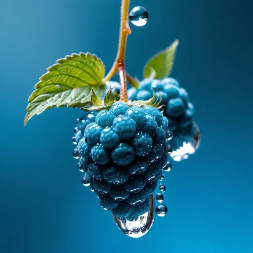 Prompt: blue raspberry fruit,water drops, in air