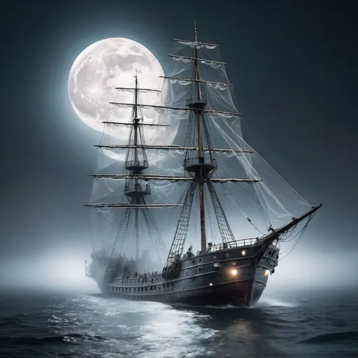 Prompt: a photo real semi transparent ghost ship covered with a moon lit mist, floats over the ocean 