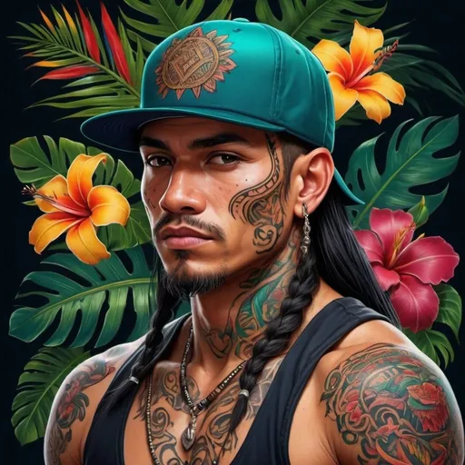 Prompt: Marquesian warrior with traditional tattoos, colorful baseball cap, dark tropical background, high quality, traditional art, vibrant colors, detailed tattoos, tropical atmosphere