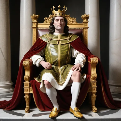 Prompt: male king in the Rome collegium with a gold crown on and silk with crocodile leather shoes