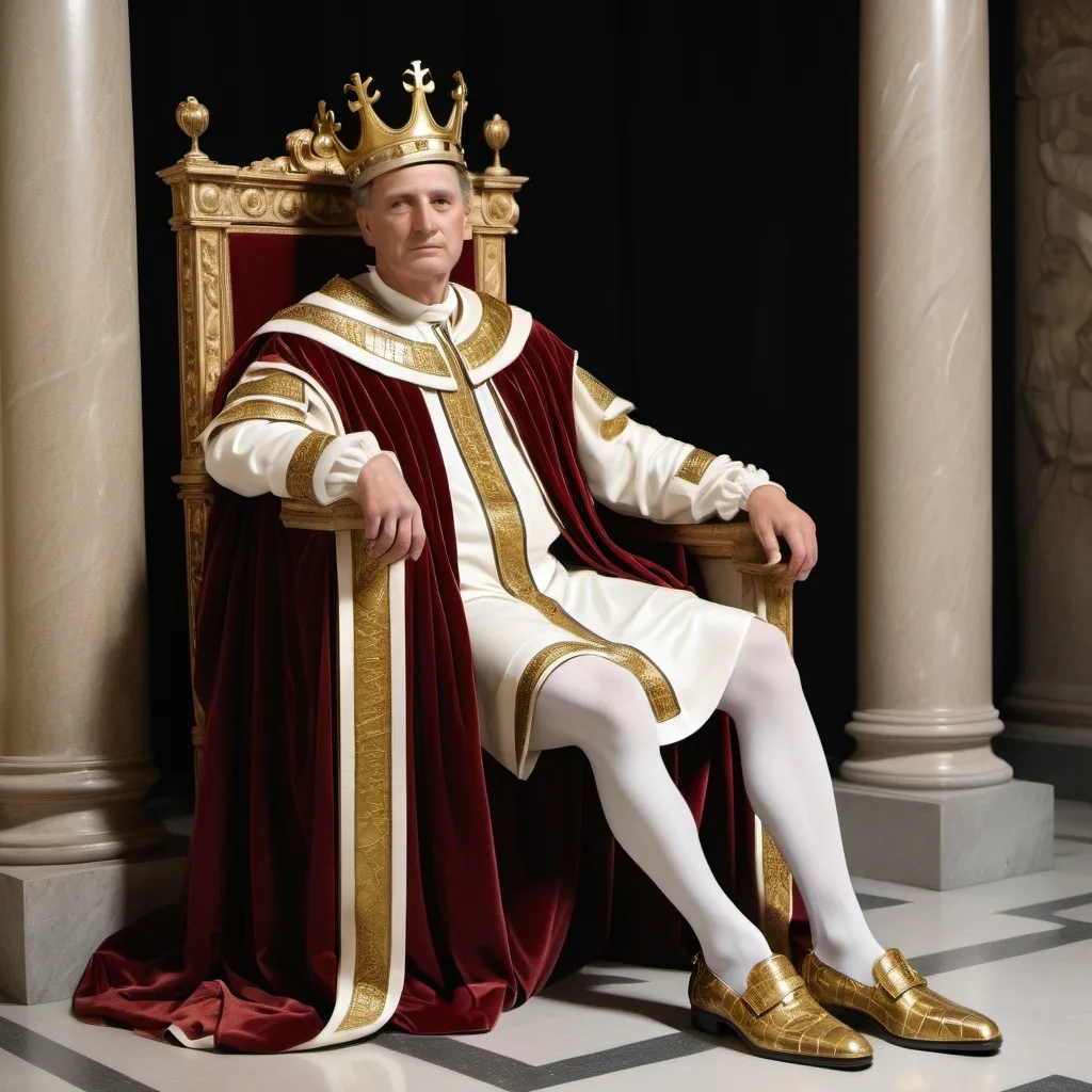 Prompt: male king in the Rome collegium with a gold crown on and silk with crocodile leather shoes