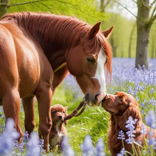 Prompt: Red Clydesdale horse sniffing the nose of a beautiful all red Irish setter puppy who is in love on a summers day in a field of bluebells