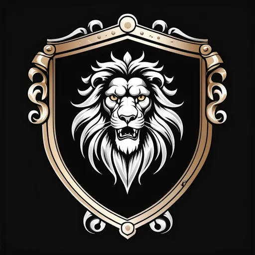 Prompt: family crest, lion shield, regal stance, high quality, black background, classic style, flat, 2d