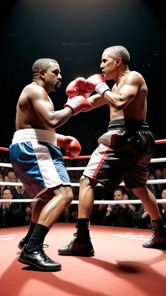 Prompt: kanye west in a boxing match with obama