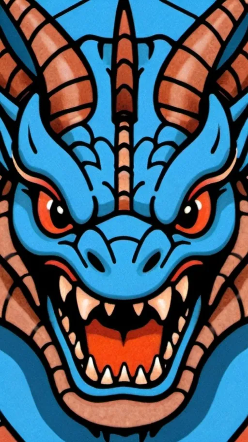 Prompt: The face of a dragon in the colers blue and brown 