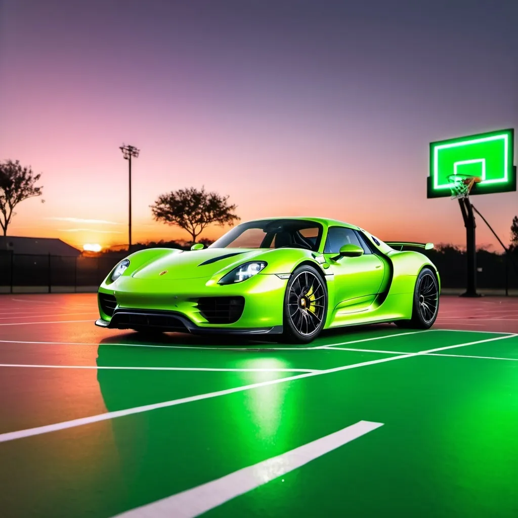 Prompt: amazing looking porsche 918 that is lime green and has a neon glow affect in front of a basketball court in front of a sunset
